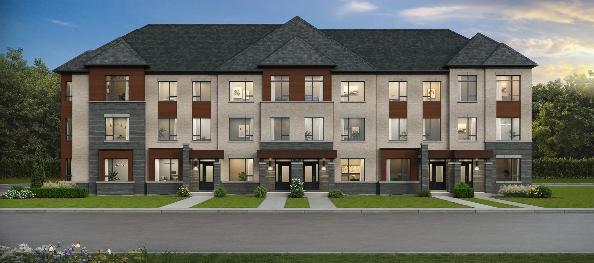 Architectural rendering of Glenway townhomes and their streetscape