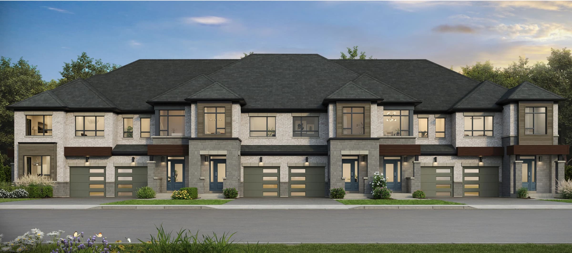 Architectural rendering of Glenway townhomes and their streetscape